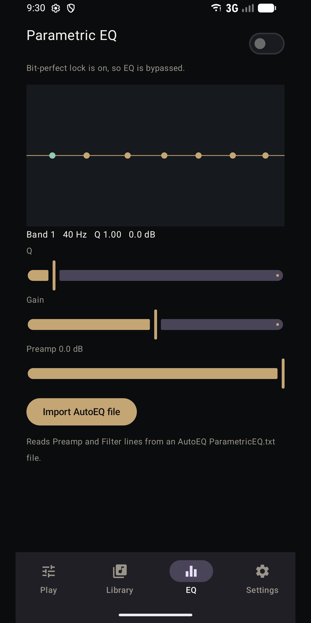 Parametric EQ with Q, gain, preamp, and an Import AutoEQ file button.
