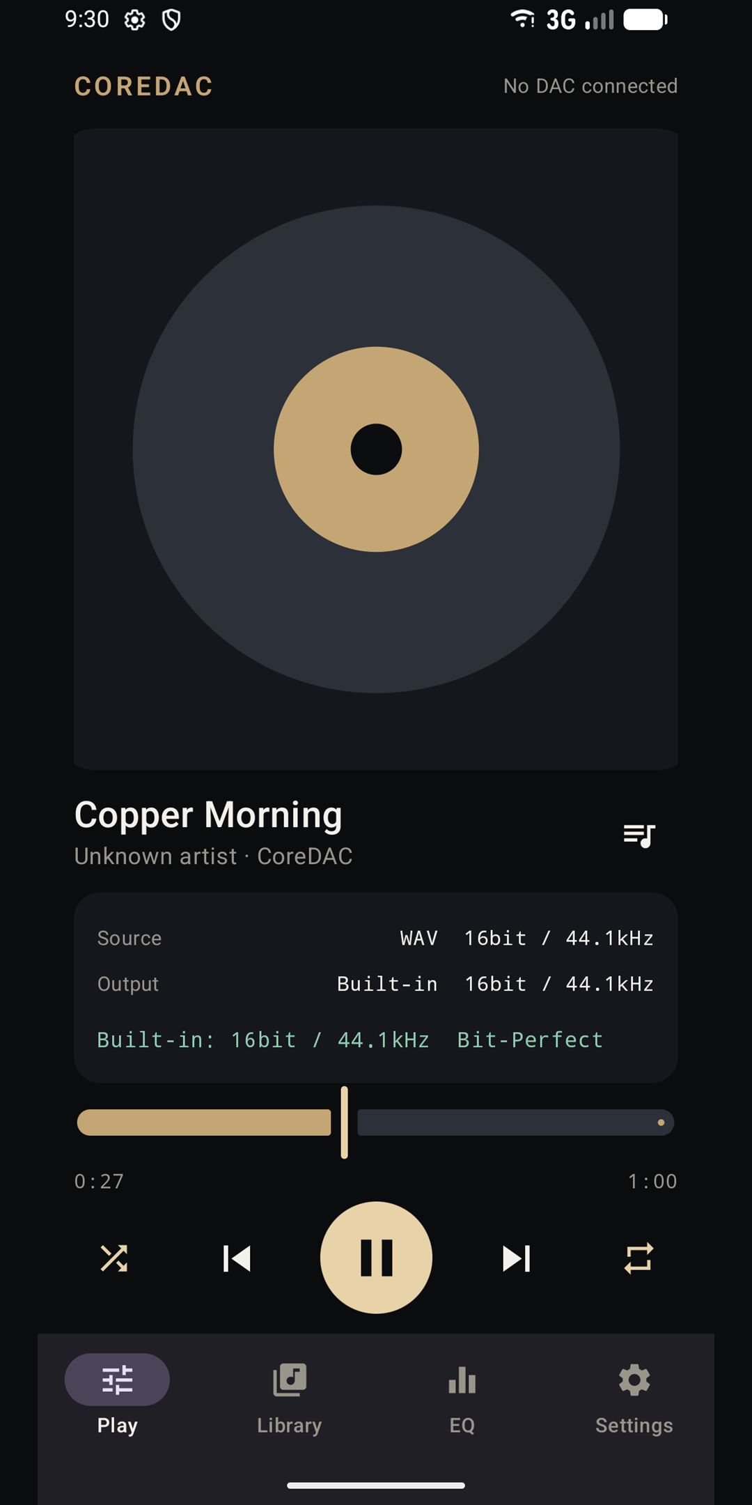CoreDAC Audio player showing a WAV file, built-in 16-bit 44.1 kHz output, and a Bit-Perfect label.