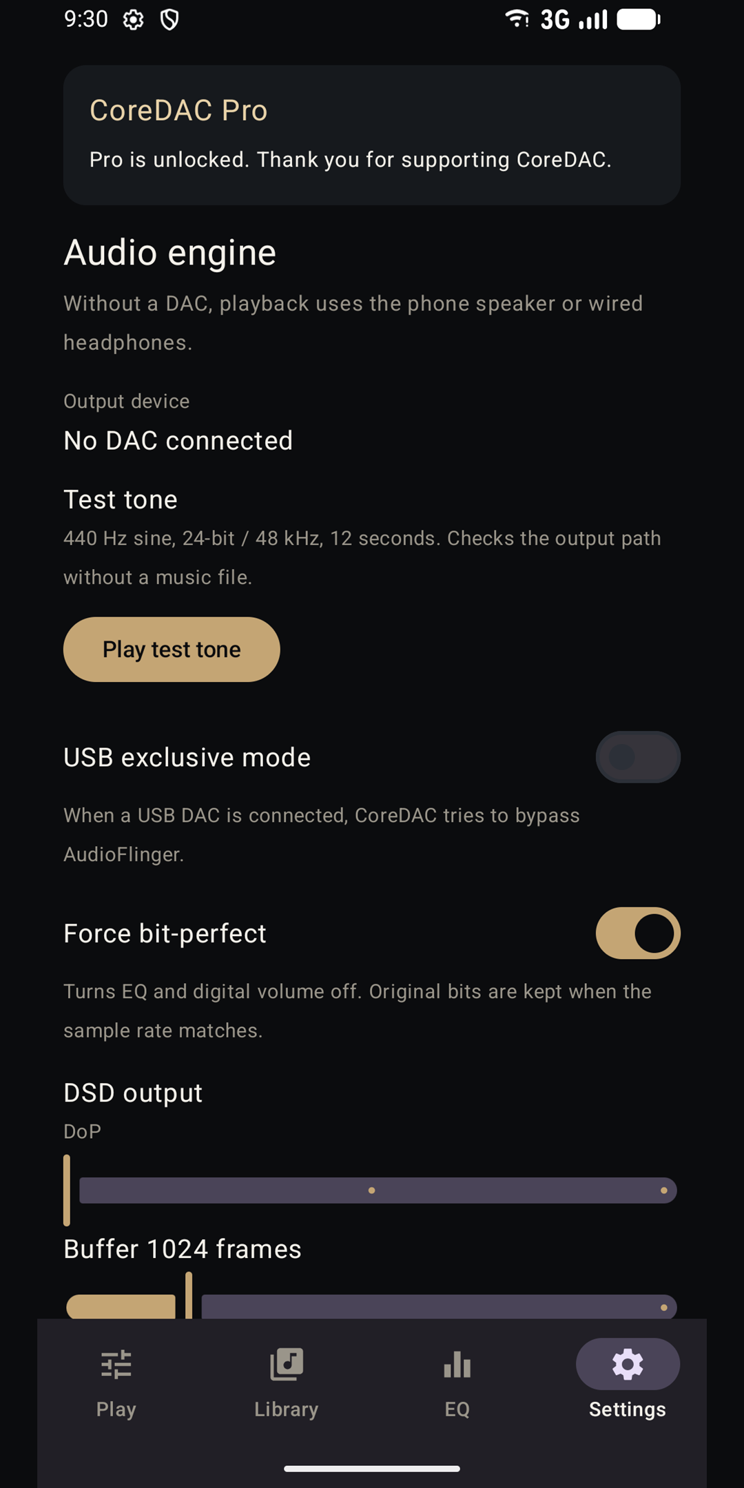 Settings with a test tone, USB exclusive mode, force bit-perfect, and DSD output set to DoP.
