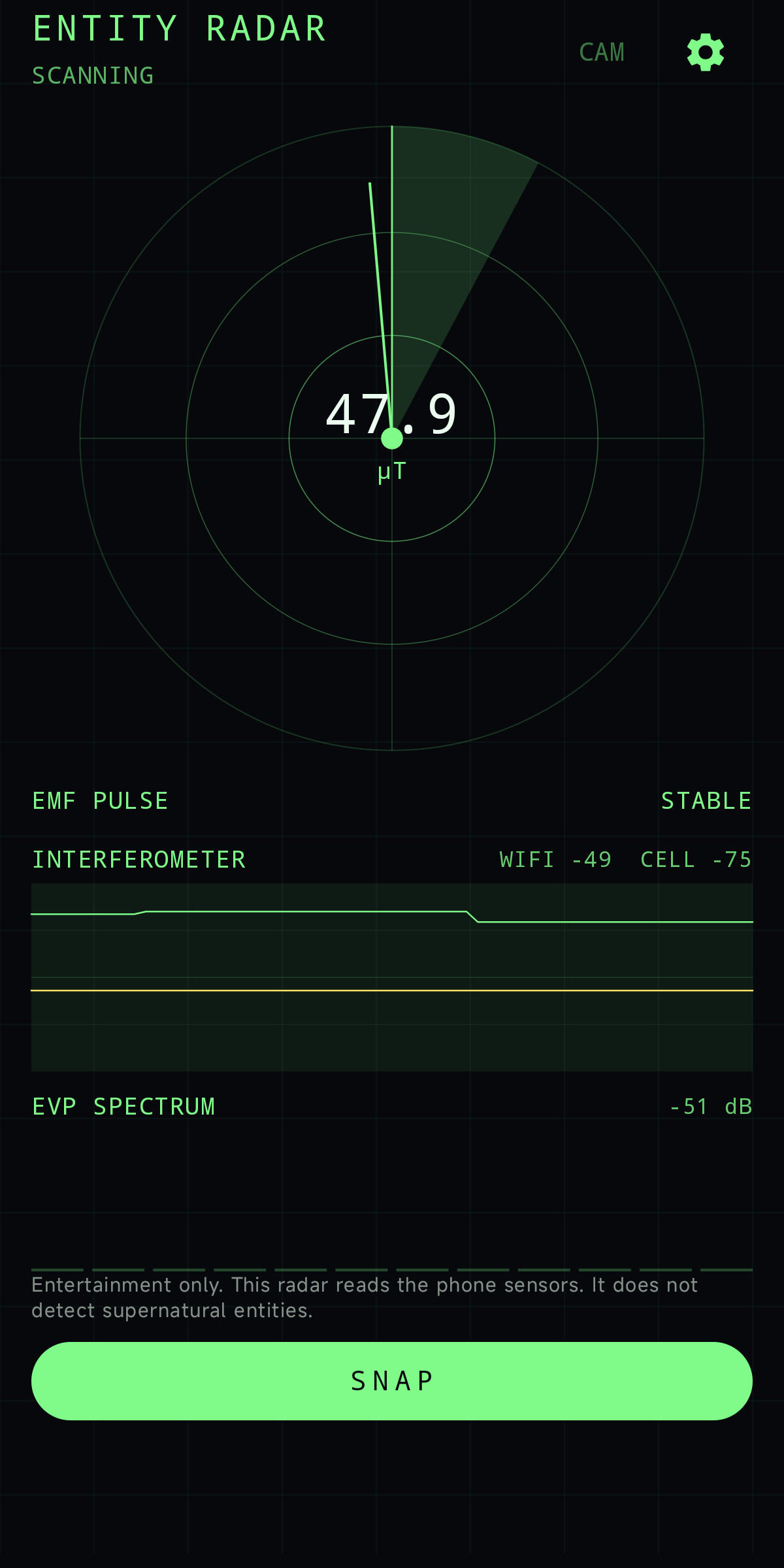 EntityRadar main screen with a green radar, EMF pulse, interferometer, EVP spectrum, and a Snap button.