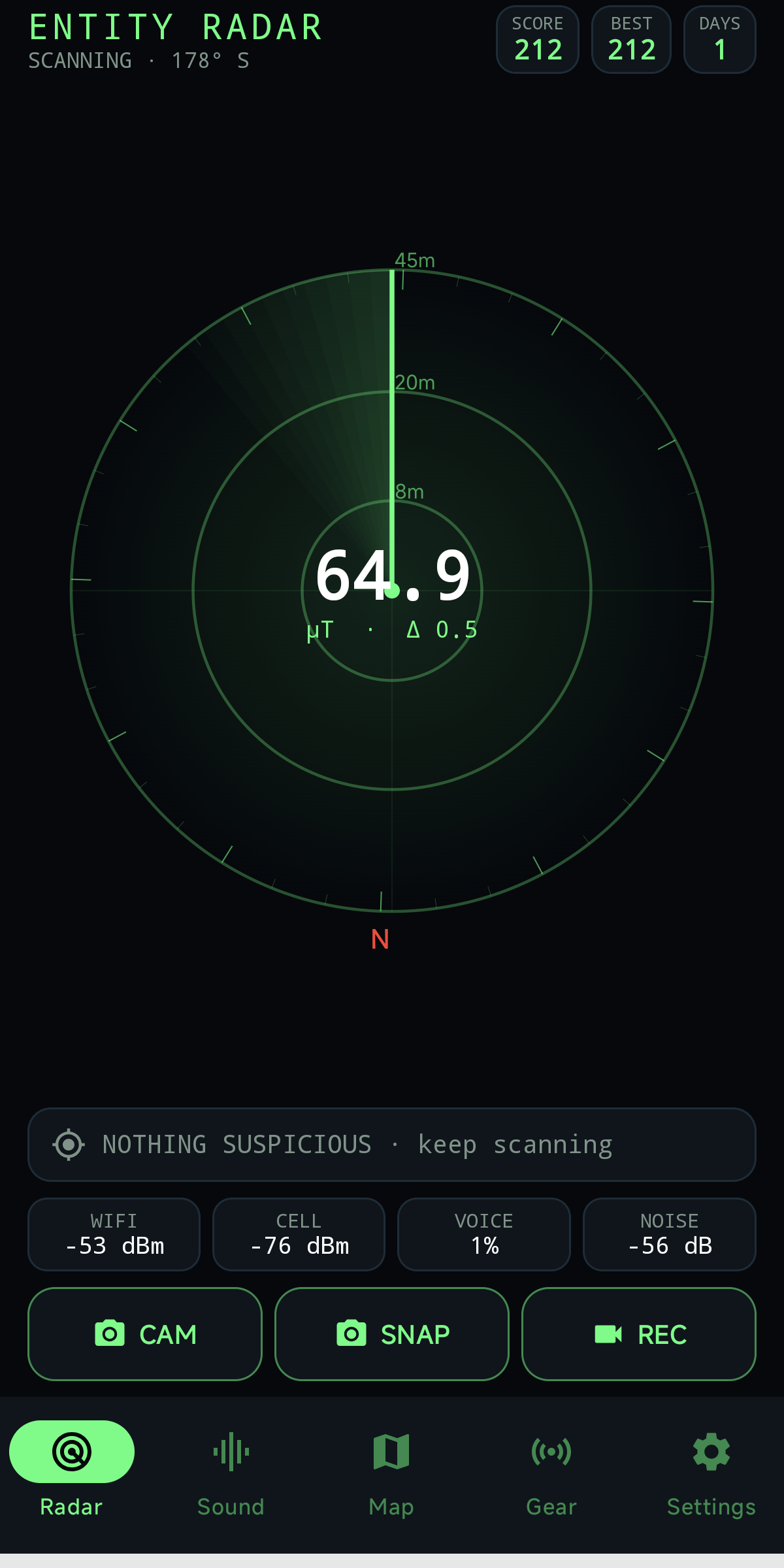 Entity radar with a green sweep, 64.9 microteslas, Wi-Fi, cell, voice, and noise readings, plus camera buttons.