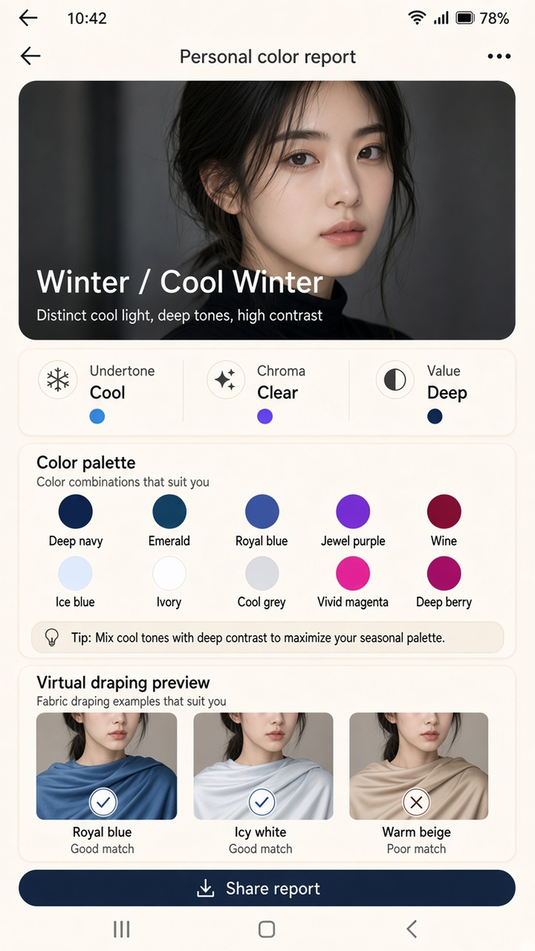 Personal color report for Cool Winter, with undertone, chroma, value, a color palette, and virtual draping.