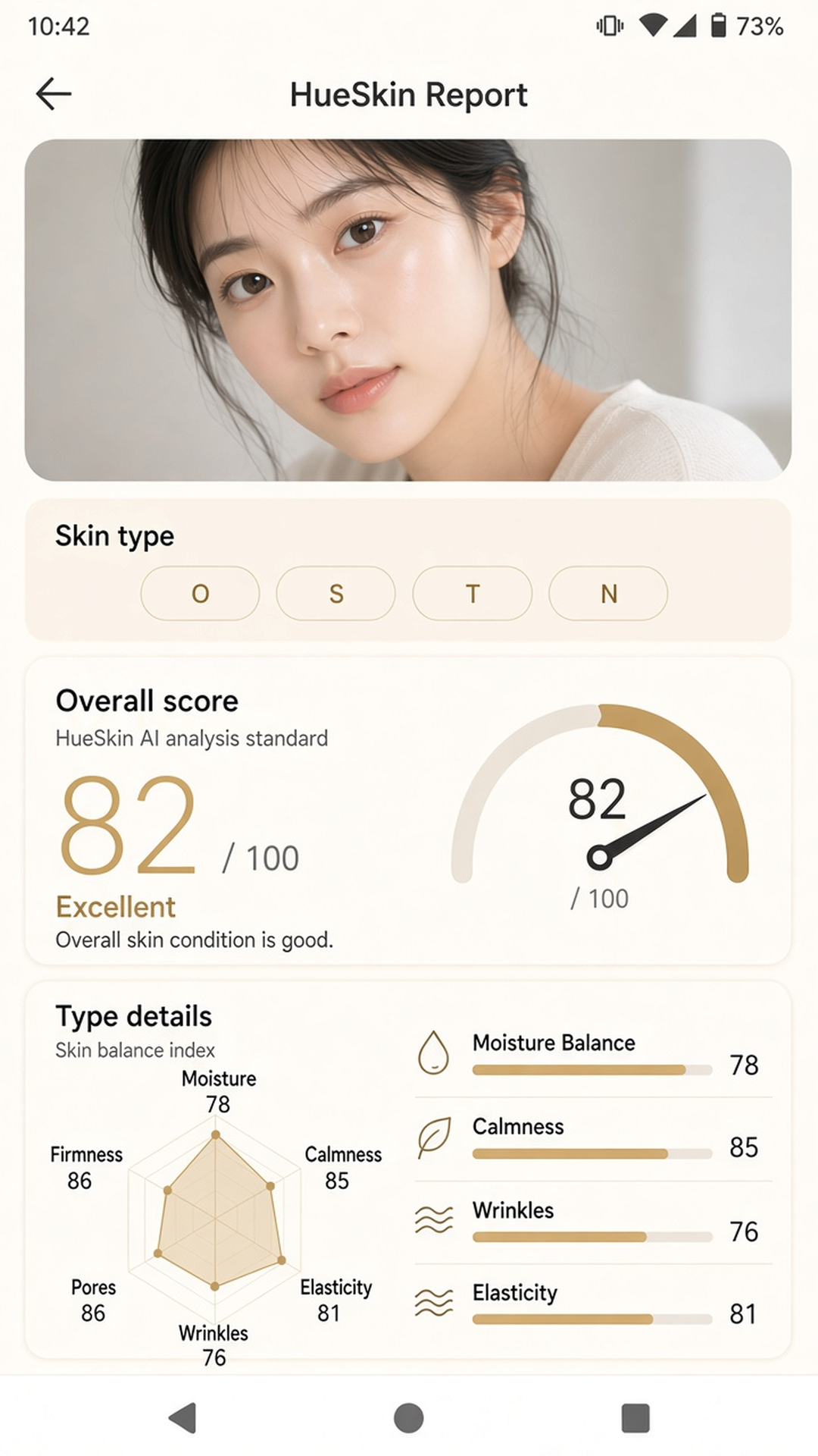 HueSkin report with skin type, an overall score, and scores for moisture, calmness, wrinkles, elasticity, firmness, and pores.
