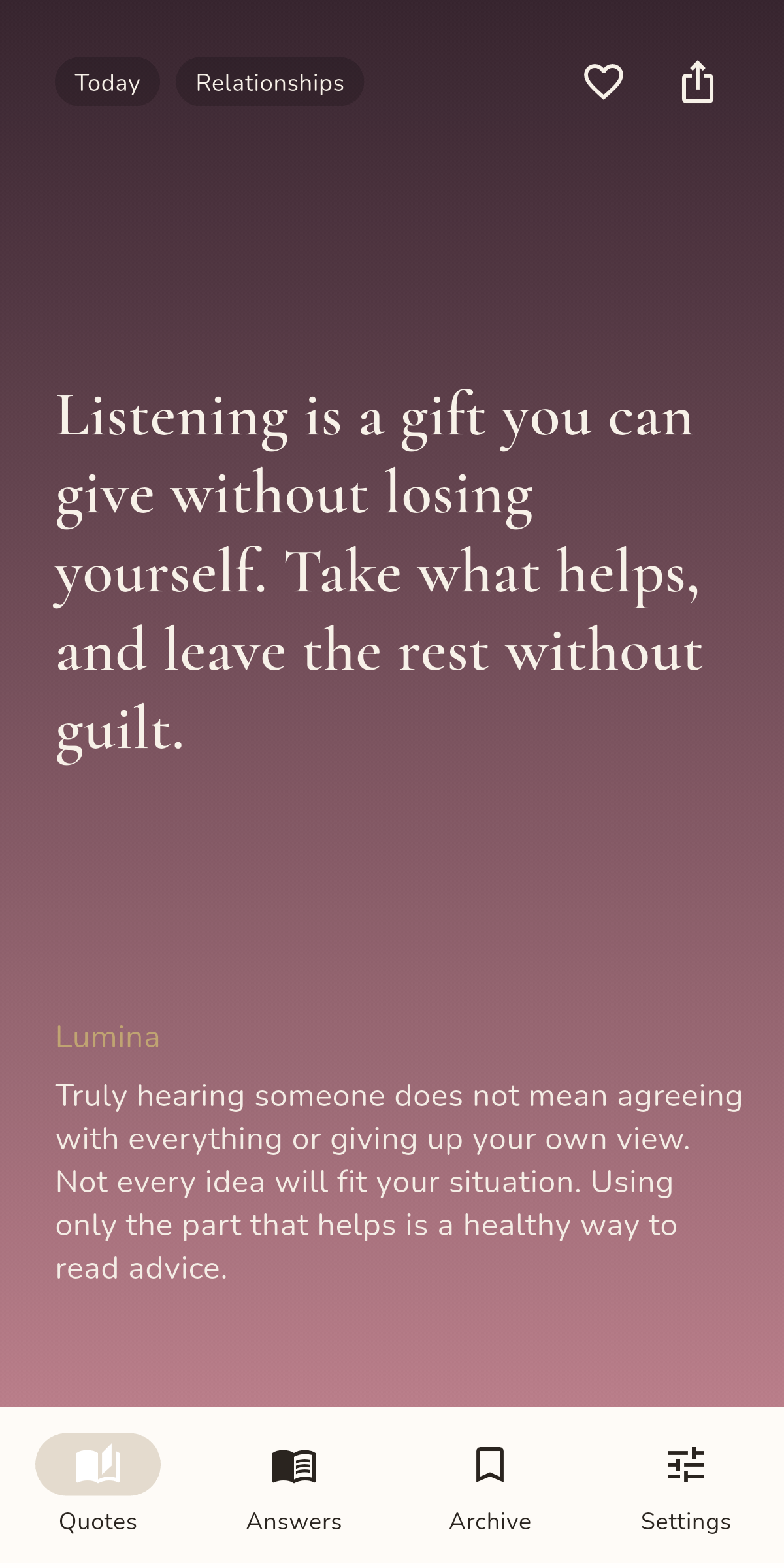 Lumina Book quote screen with a line, a short reading, and tabs for Quotes, Answers, Archive, and Settings.