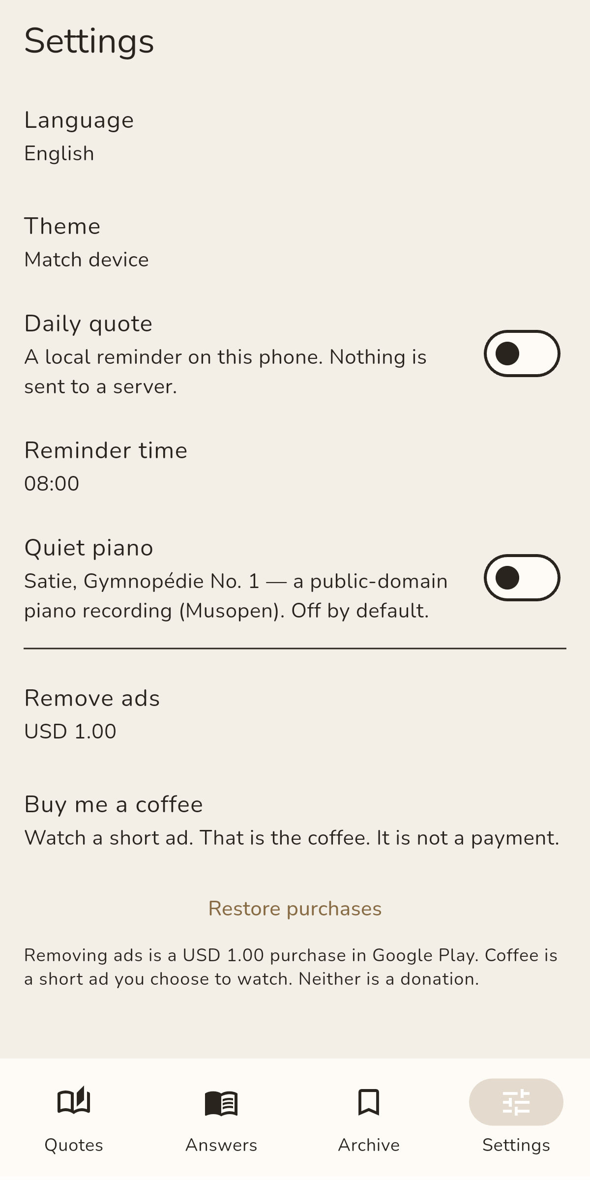 Lumina Book settings for language, theme, a local daily reminder, quiet piano, and remove ads.