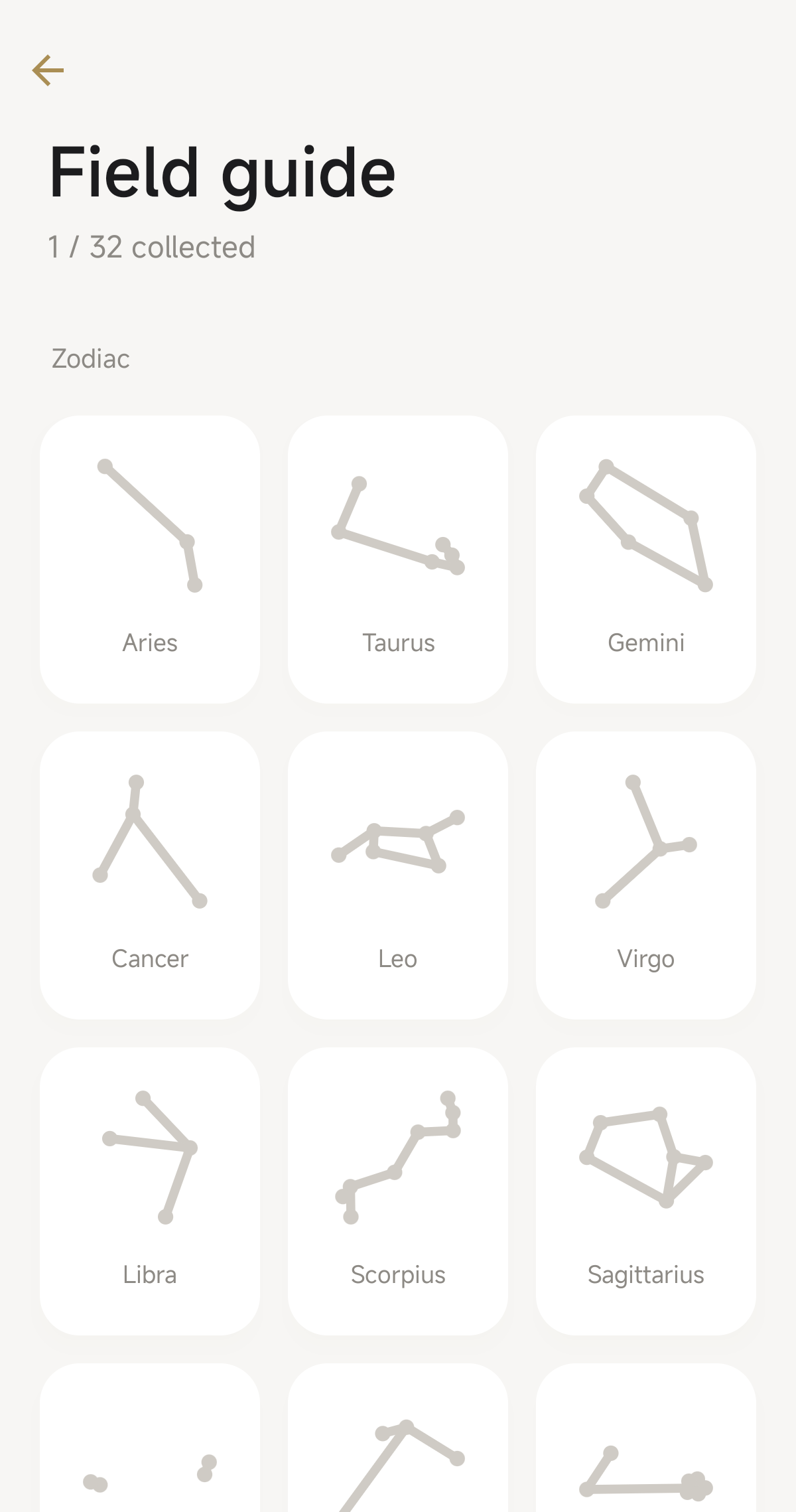 StarDex field guide showing 1 of 32 constellations collected, with the zodiac figures Aries through Sagittarius.