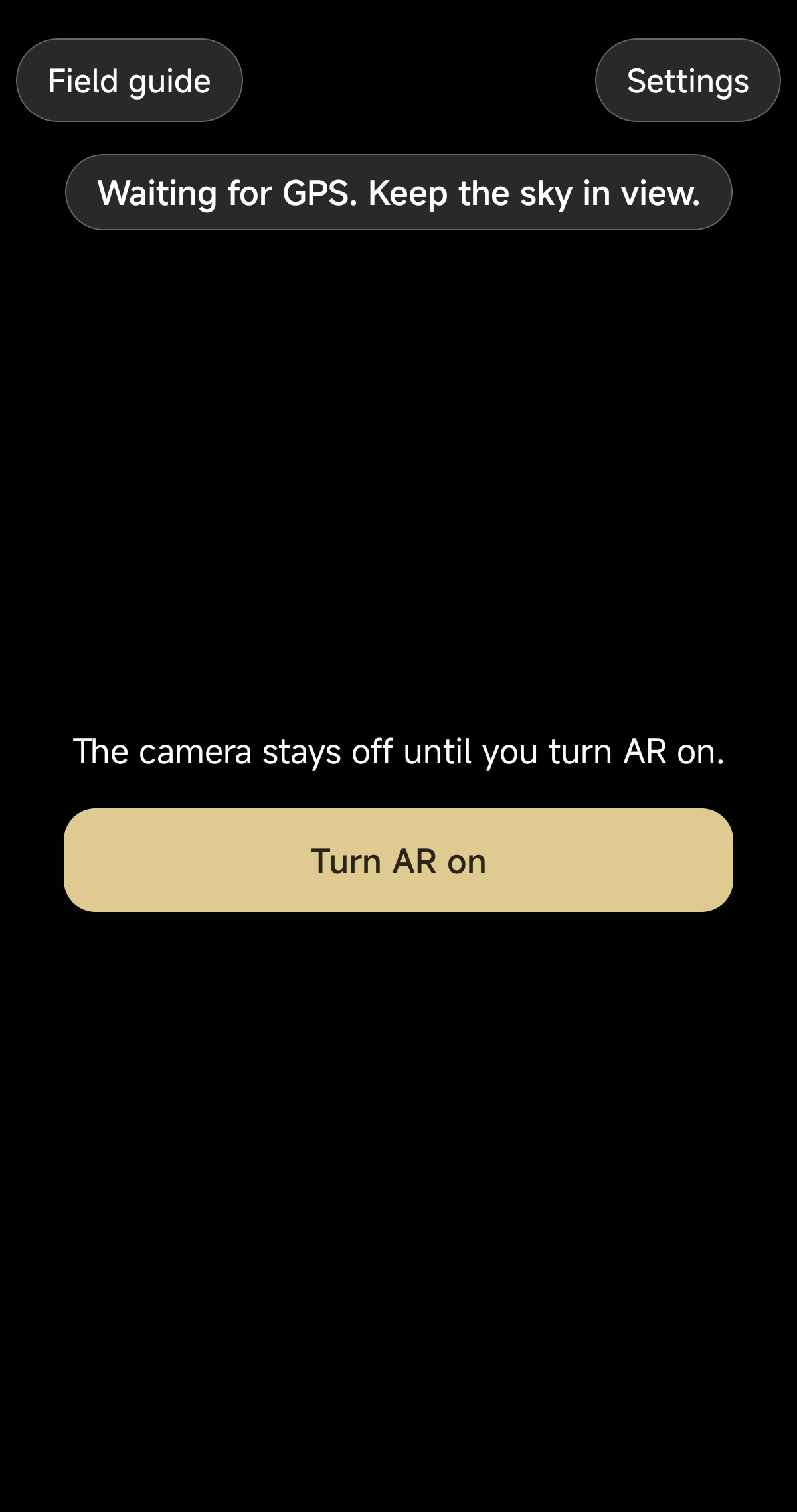 StarDex night sky screen with Field guide and Settings, and a button to turn AR on. The camera stays off until AR is turned on.