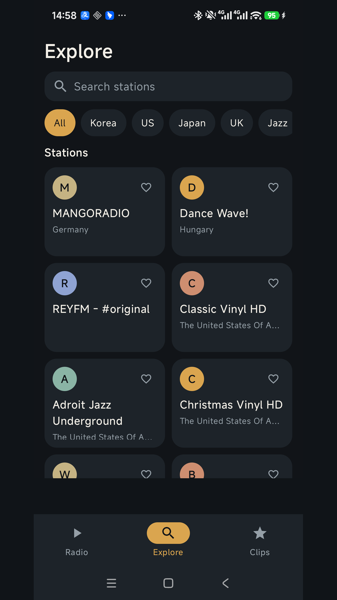 Explore screen with station search and filters for Korea, the US, Japan, the UK, and jazz.