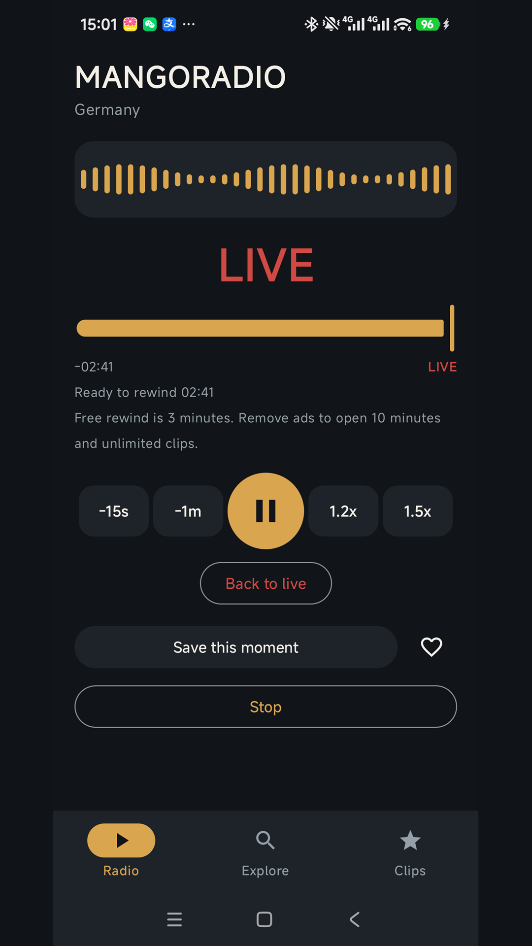 TimeShift FM player with a live timeline, minus 15 seconds, minus 1 minute, 1.2x, and 1.5x.