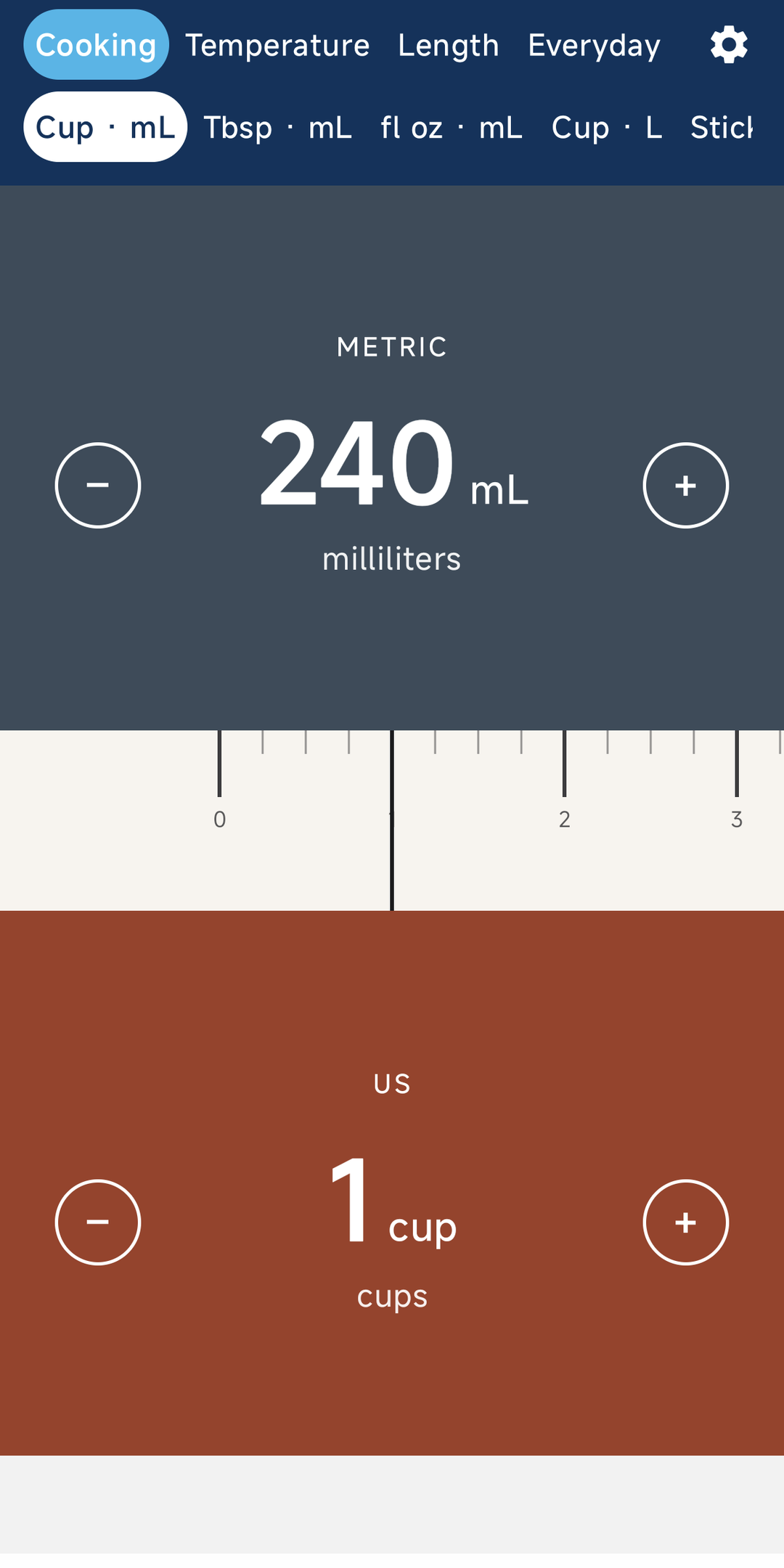 UnitSlide cooking screen showing 240 milliliters equal to 1 cup.