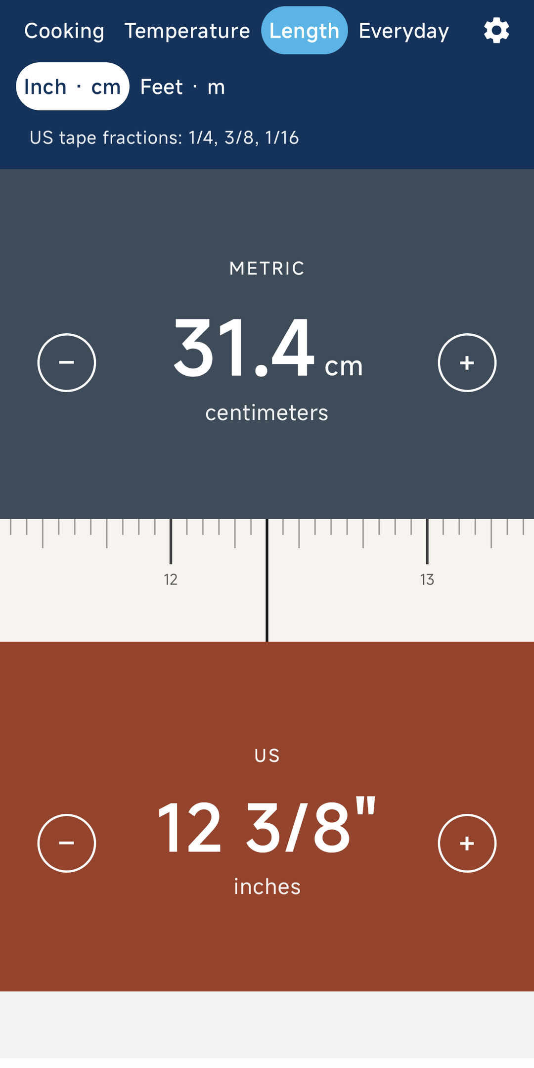 UnitSlide length screen showing 31.4 centimeters equal to 12 and 3/8 inches.